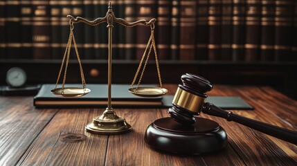 A gavel and scales of justice on a wooden table with a law book and bookshelf in the background.