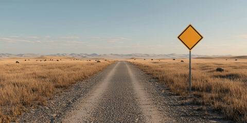 A scenic view of a gravel road stretching into the distance, surrounded by a vast open field and a warning sign.