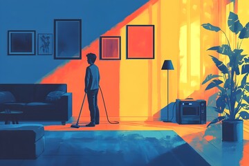 Minimalist Living Room with Vibrant Color Palette and Vacuum Cleaner in Use