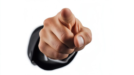 Caucasian businessman hand focus on index finger pointing forward on white background