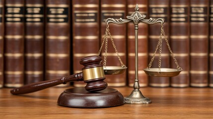 A gavel and scales of justice sit on a wooden table in front of a bookshelf filled with law books.