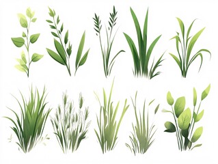 2408 58.A collection of flat-style grass illustrations, featuring different shapes and lengths of grass blades. The green leaves are depicted with subtle shading, providing a sense of depth while