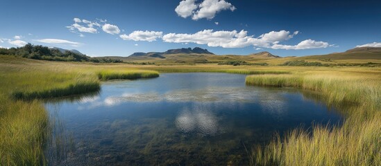 Fototapeta premium A serene blue lake surrounded by tall green grass with a backdrop of mountains and a clear blue sky.