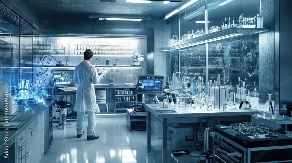 Aufkleber scientist working in a futuristic laboratory with advanced technology and equipment.