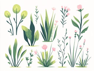 2408 32.A collection of green grass in various forms, depicted in a flat vector style. The illustration features tall and short blades of grass, with flowers blooming among the leaves. The natural