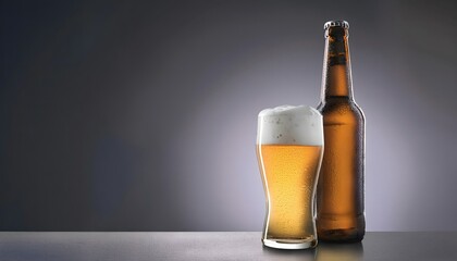 Product photography, advertising poster, beer bottle with beer glass It looks delicious and has a cool atmosphere.