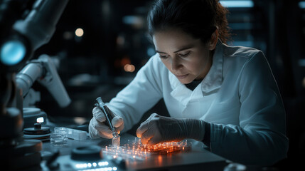 focused laboratory technician is meticulously working with microplate, utilizing advanced tools in high tech environment. scene conveys sense of precision and innovation in scientific research