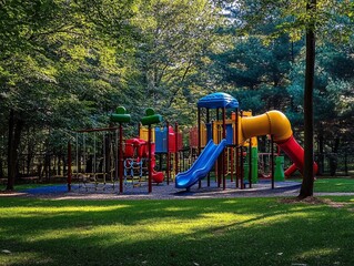 2408 130.A colorful playground set among tall trees and green grass, featuring a variety of play structures such as slides, swings, and climbing frames. The natural surroundings offer shade and