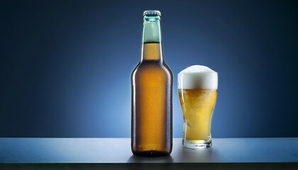 Product photography, advertising poster, beer bottle with beer glass It looks delicious and has a cool atmosphere.