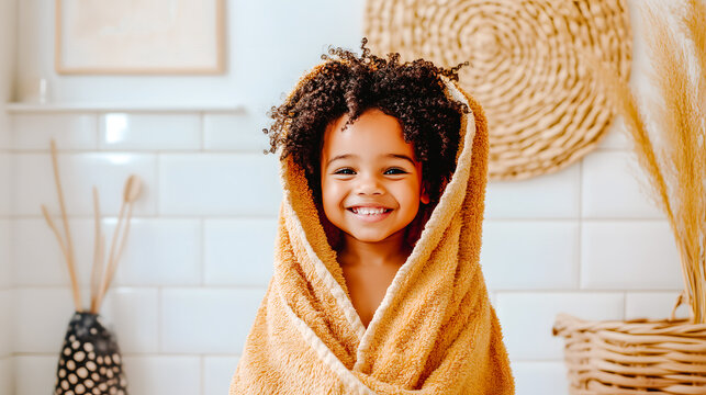 Petit enfant enroul&eacute; dans une serviette dans la salle de bain
