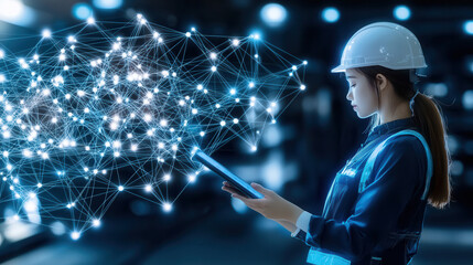 worker in tech enabled vest is using digital tablet, surrounded by network of glowing connections, symbolizing innovation and technology in workplace