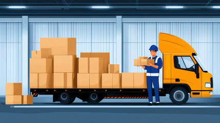 worker efficiently placing packages on delivery truck in warehouse, showcasing organization and productivity