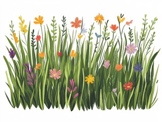 2408 5.A flat style illustration of a collection of green grass, highlighting the diversity of natural landscapes. The scene is enriched by colorful flowers scattered amidst the grass, adding life to
