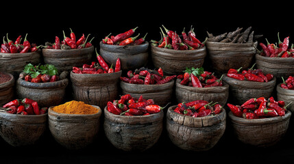 Fototapeta premium vibrant and earthy collection of spices featuring various types of red chilies and spices in rustic bowls, creating rich and colorful display