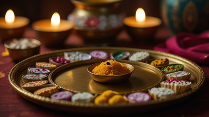 A brass plate filled with colorful sweets and a small bowl of yellow powder, surrounded by candles and decorative items, celebrating Diwali.