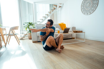 Middle-aged man performing a daily home workout routine to enhance strength, flexibility, and overall wellness, focusing on personal growth, mental clarity, and physical health as  fitness journey