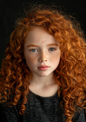 Fototapeta premium AI generated 3:4 vertical format image of Irsih ginger hair young girl female with freckled face on dark studio portrait background