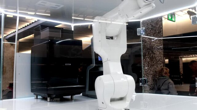 A modern robot prepares coffee, showcasing innovation in service. This moment highlights the blend of technology and everyday life, making the coffee-making process convenient and engaging.