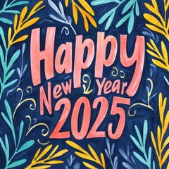 Colorful illustration celebrating New Year 2025 with cheerful typography surrounded by decorative leaves