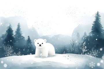 Fototapeta premium Serene Watercolor of Baby Polar Bear in Snowy Minimalist Landscape