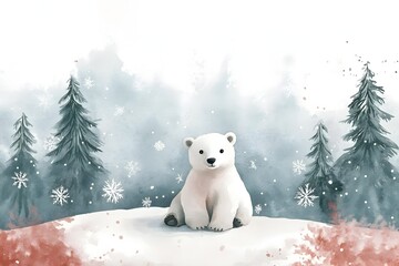 Fototapeta premium Peaceful Polar Bear in Snowy Minimalist Watercolor Landscape