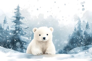 Adorable Baby Polar Bear in Snowy Winter Landscape Watercolor