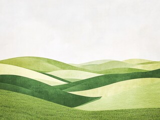 2408 8.A geometric countryside landscape featuring fields of rice and wheat, shown in soft textures and minimalistic shapes. The rolling hills are covered in vibrant green grass, with subtle details