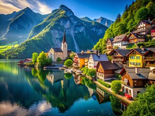 Fototapeta premium Stunning Macro View of Hallstatt Village in the Austrian Alps During Summer Light