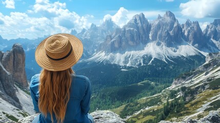 Naklejka premium Rear view of a woman in straw hat standing on a cliff and observing the majestic Dolomites mountain