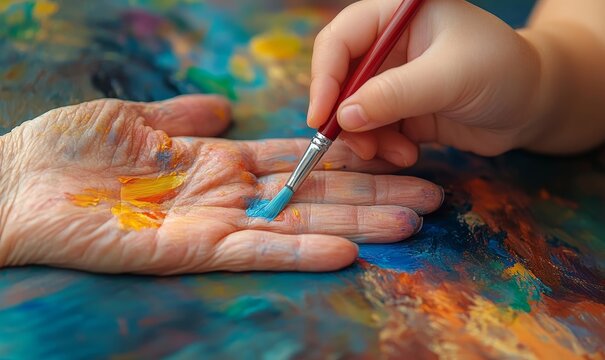 Tiny fingers trace weathered lines on a grandparent's hand, bridging the gap between ages through shared laughter and a colorful paintbrush, Generative AI