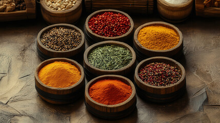 vibrant display of various spices in wooden bowls, showcasing rich palette of colors and textures. arrangement highlights diversity of spices, evoking sense of culinary creativity and warmth
