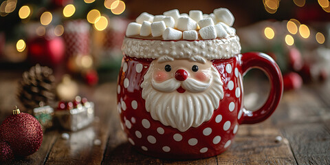 Hot drink with marshmallows and candy cane in red mug. Fir cones, spices in the background. Cozy seasonal holidays

