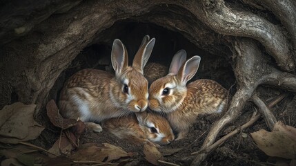 Obraz premium Three brown rabbits huddled together inside a dark tree burrow with leaves and roots visible.