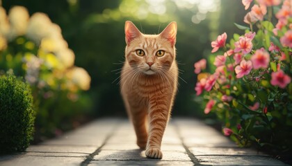 Ginger cat walking on a pathway among colorful flowers, illuminated by soft sunlight.