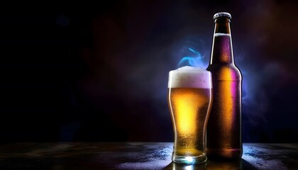 Product photography, advertising poster, beer bottle with beer glass It looks delicious and has a cool atmosphere.