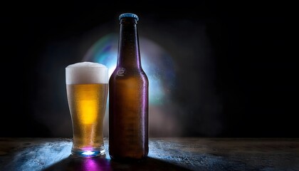 Product photography, advertising poster, beer bottle with beer glass It looks delicious and has a cool atmosphere.