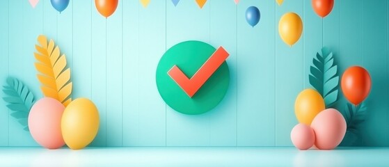 Festive celebration with colorful balloons and checkmark