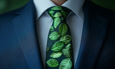 Businessman suit wears a tie made of green leaves,  environmental consciousness sustainability Ideal for eco-conscious and sustainable business themes, Generative AI