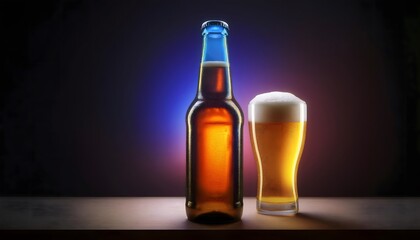 Product photography, advertising poster, beer bottle with beer glass It looks delicious and has a cool atmosphere.