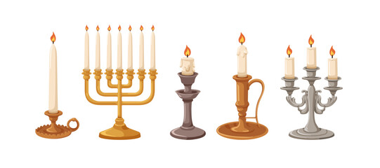 Vintage candles in retro-style candlesticks, candelabra, set. Antique candleholders with classic designs. Decorative holders, candelabrum. Flat vector illustration isolated on white background