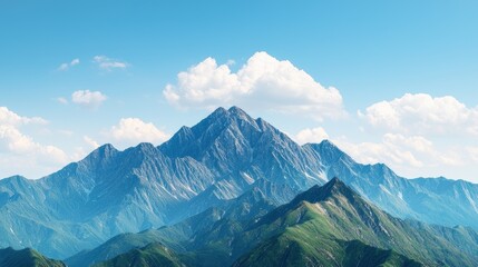 Obraz premium Majestic mountain range under a clear blue sky with fluffy clouds, showcasing natural beauty and serenity.