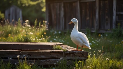 A white duck stands on a weathered wooden plank in a field of wildflowers, with a wooden building in the background.