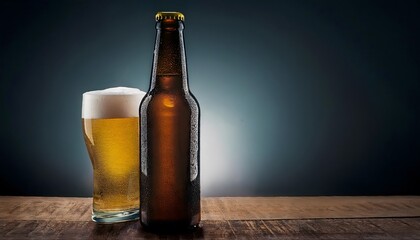 Product photography, advertising poster, beer bottle with beer glass It looks delicious and has a cool atmosphere.