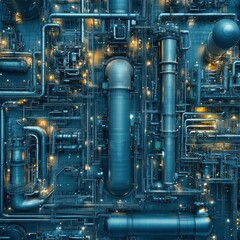 An aerial view of a complex industrial facility with intricate network of pipes and machinery, illuminated by glowing lights.