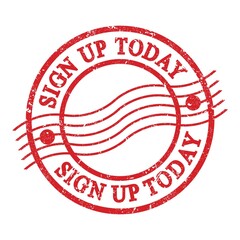 SIGN UP TODAY, text written on red postal stamp.