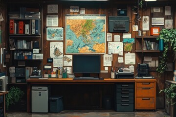 Fototapeta premium A cluttered office space with a desk, computer, printer, shelves, and a map on the wall.