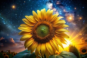 Stunning Night Photography of Sunflower Macro Close-Up with Detailed Rays and Disk for Summer Vibes