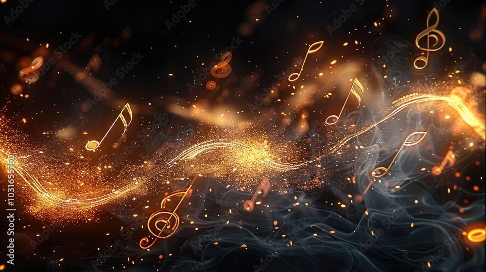 Poster a series of glowing musical notes flowing gracefully, with a soft and ethereal glow. the background 