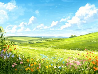 Obraz premium 2408 42.A serene summer scene with bright green grass stretching across a flat landscape, under a clear blue sky with gentle clouds. The vibrant grass is dotted with colorful flowers, creating a