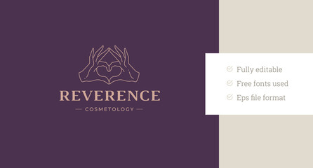 Beauty female hands heart love shape line art logo design template vector illustration. Romantic finger gesture luxury minimalist linear logotype for wellness spa meditation studio cosmetology makeup